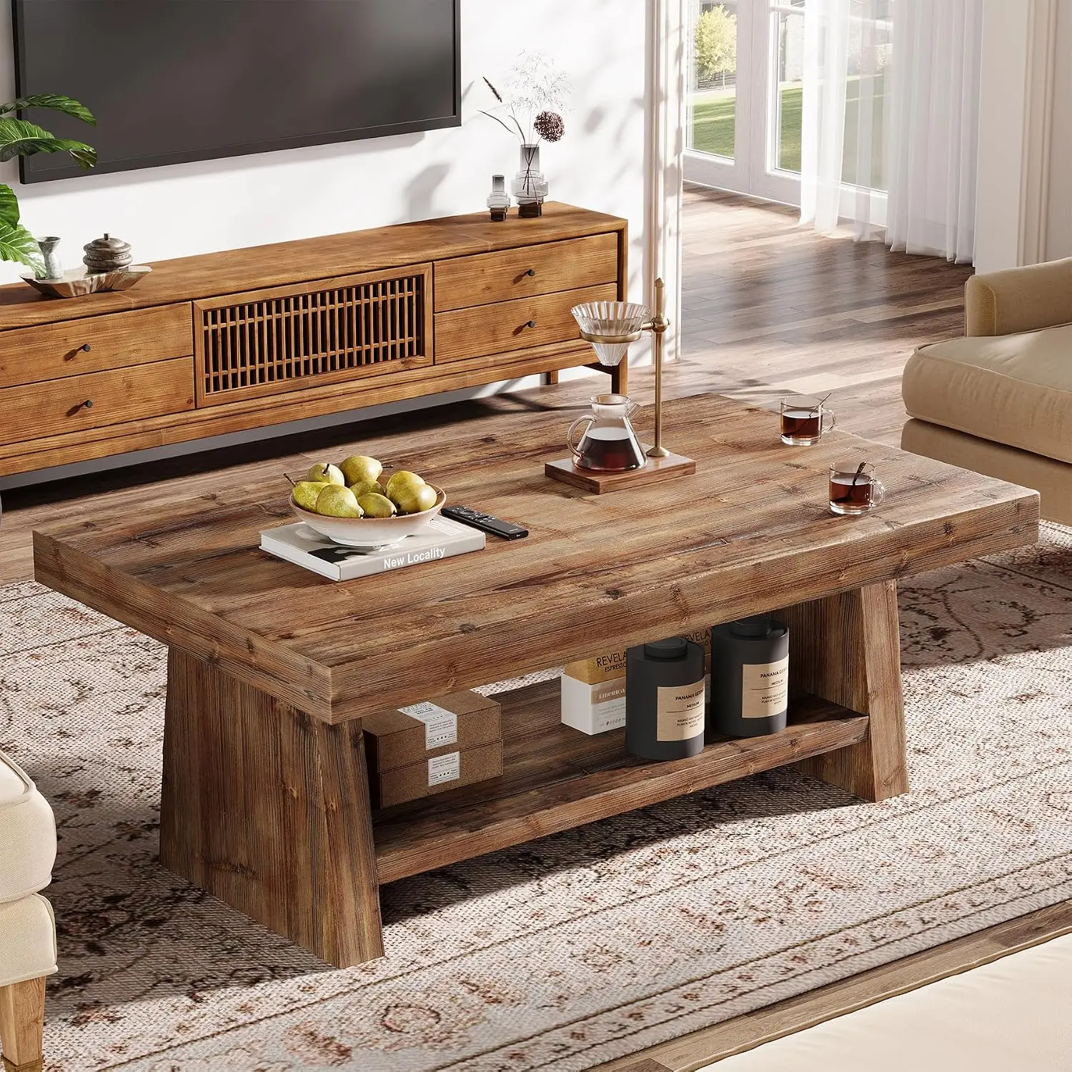 Farmhouse Coffee Table 47-Inch Solid Wood 2-Tier Rectangular Storage Table for Living Room Apartment Office Rustic, Customized