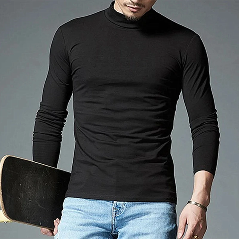 New Thermal Underwear Tops Men\'s Casual Slim Turtleneck Bottom Shirt Long Sleeve Basic Tops Autumn Pullover Mock Neck Undershirt