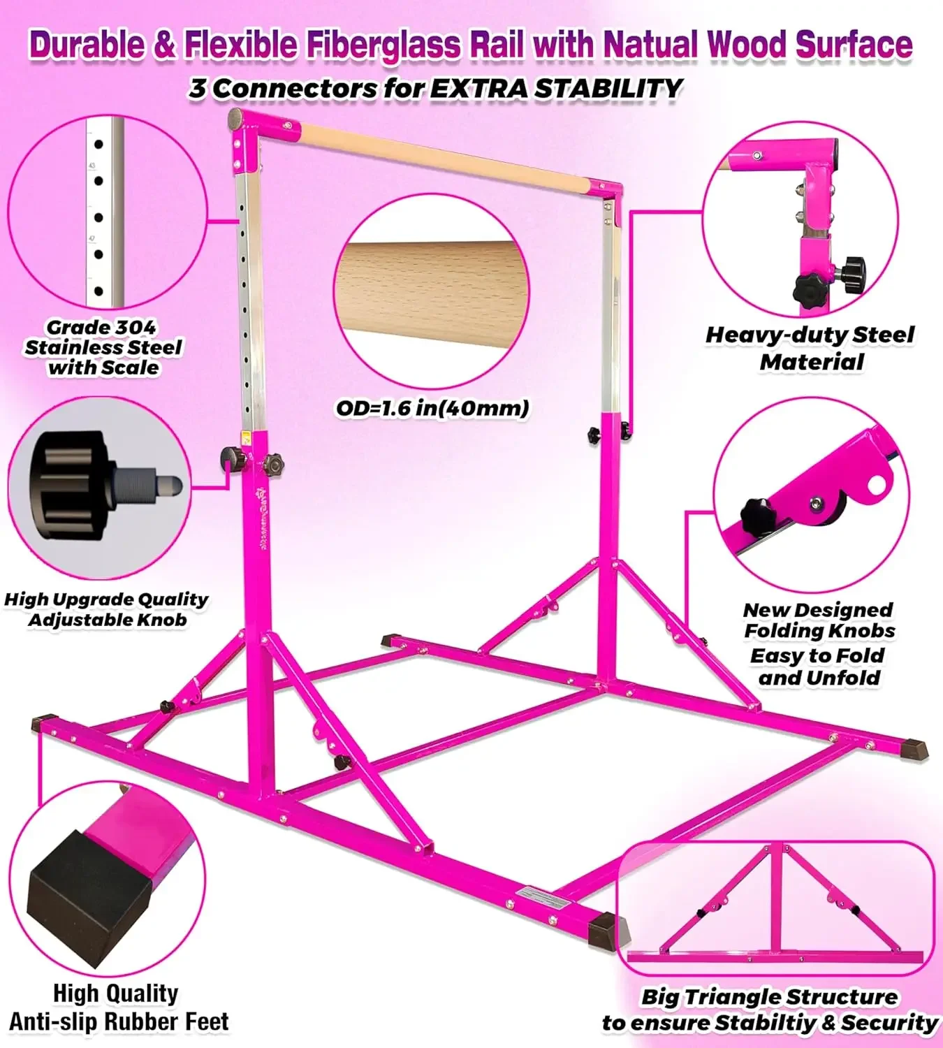 Foldable Gymnastics Bar, 6FT Gymnastic Horizontal Bars, Folding Training Bar for Kids and Teenagers 3-18, Weight Li