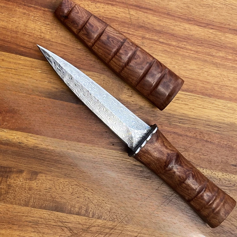 New Damascus Steel Blade Wood Handle Bamboo Style Outdoor Survival Hunting Knives Camping EDC Collection Knife with Gift Box