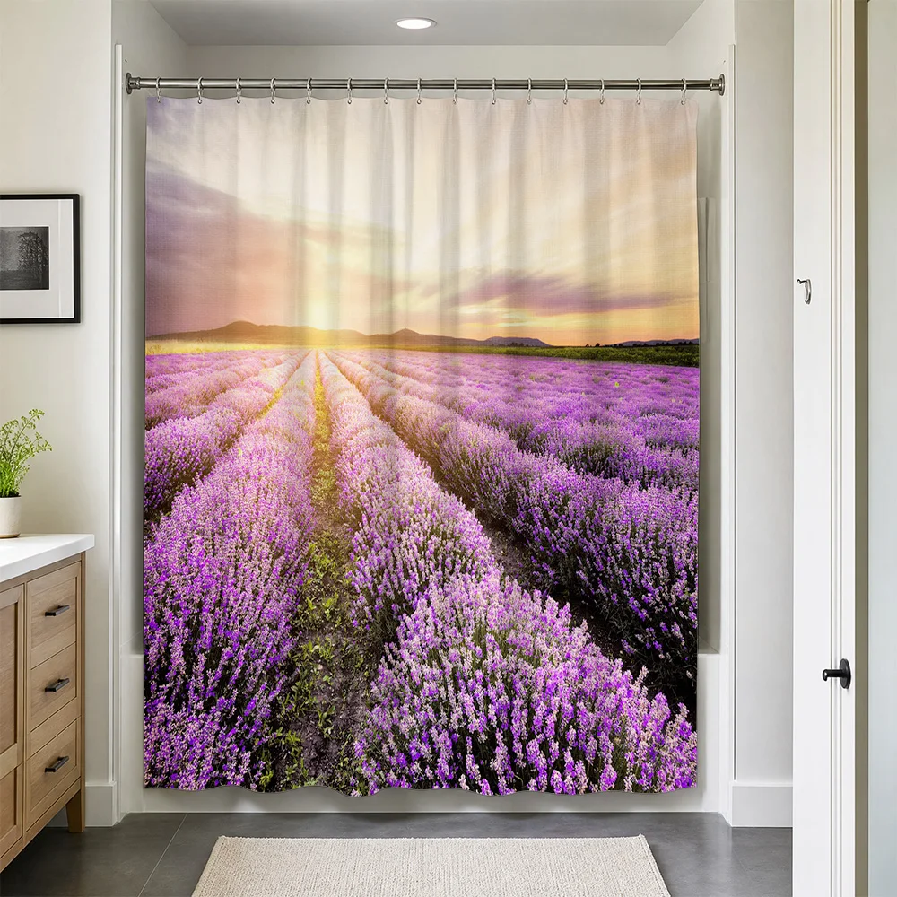 Vibrant Lavender Field Shower Curtain Bathroom Decor Boho Farmhouse Style Shower Curtain Waterproof