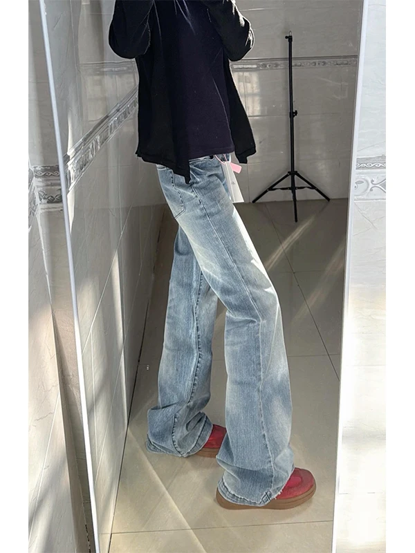 

Мужские джинсы в стиле американской уличной моды, ретро, синие, с эффектом потертости, с высокой талией, расклешенные, прямые, стройнящие, повседневные, из денима