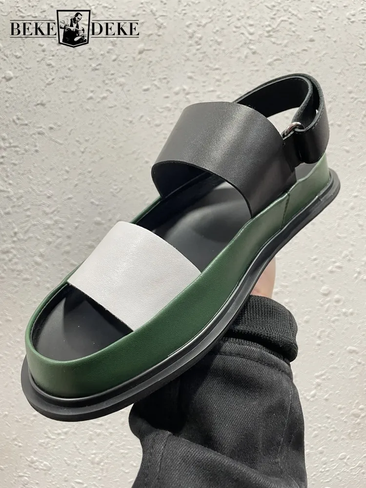 

Outside Mens Summer New Thick Platform Mixed Colors Sandals Hook Loop Open Toe Cowhide Genuine Leather Shoes Casual Beach Shoes