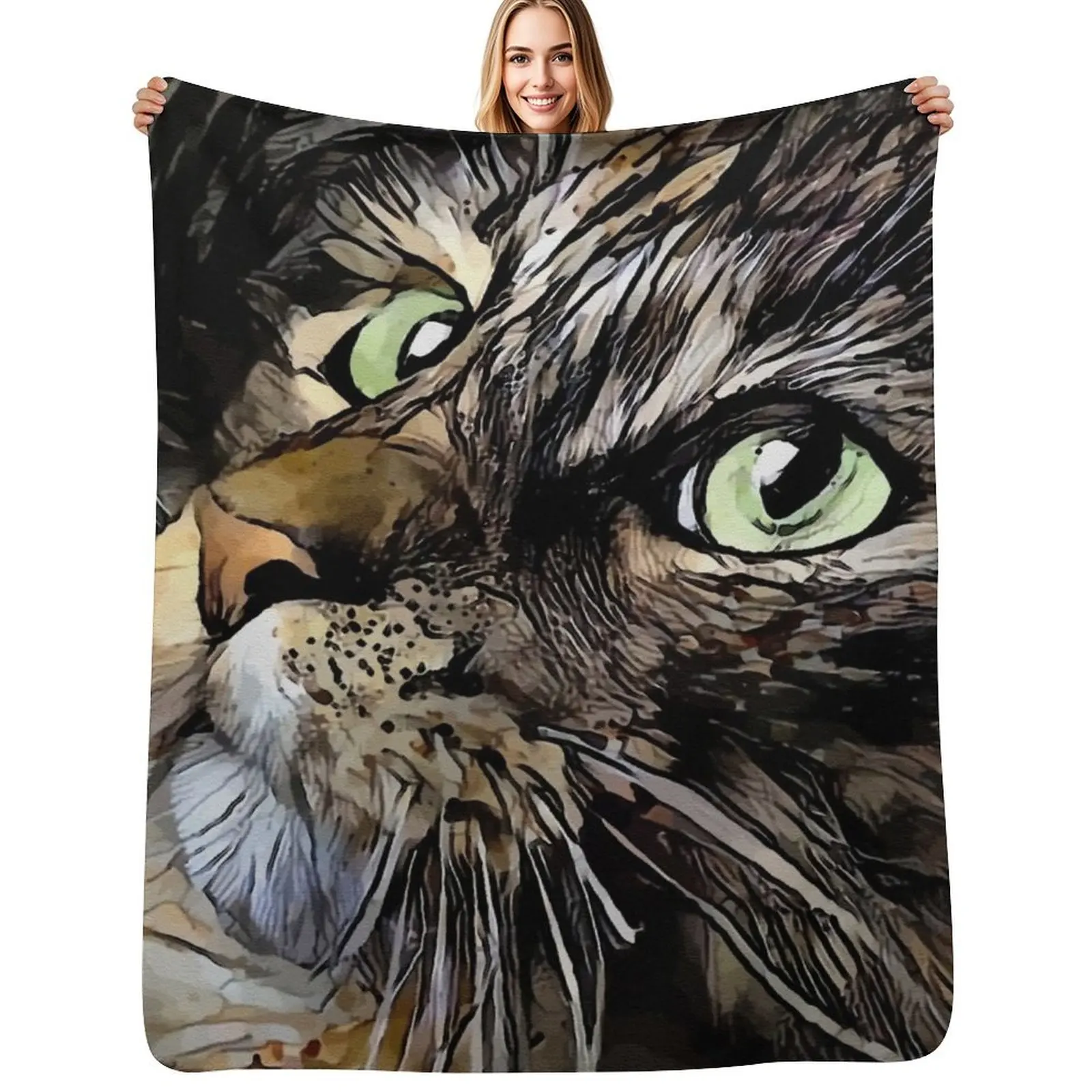Couverture décorative Myriss, chat, chat, chat, lea roche painting, lavable en machine, douce et chaude