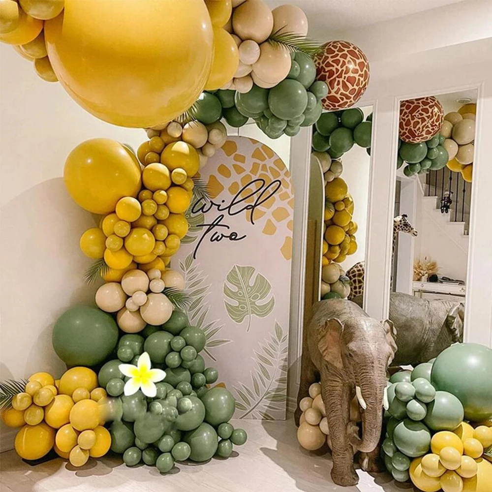 

230pcs Avocado Green Balloons Garland Arch Mustard Yellow Sand White Balloon Wedding Birthday Animal Wild Safari Party Decor