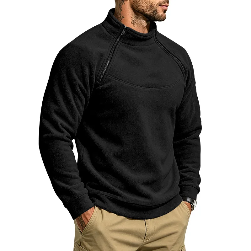 Herren Herbst-Winter Schwerlast-Fleece-Sweatshirt, Stehkragen, Doppelreißverschluss, Lose Warme Outdoor-Wander-Freizeitjacke – Detail 5