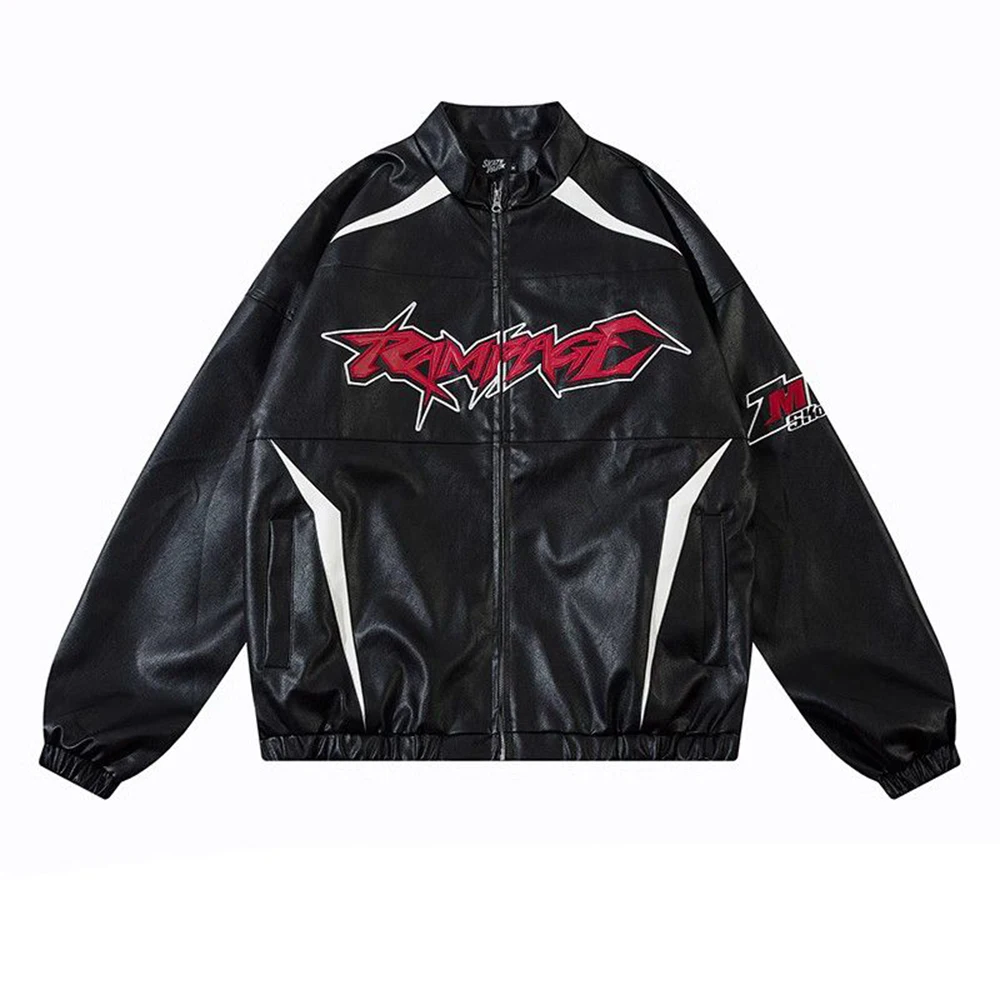 American Retro Hip-Hop Street Stitching Contrast Color Embroidery High Street Pu Leather Motorcycle Jacket Y2k Jacket For Men