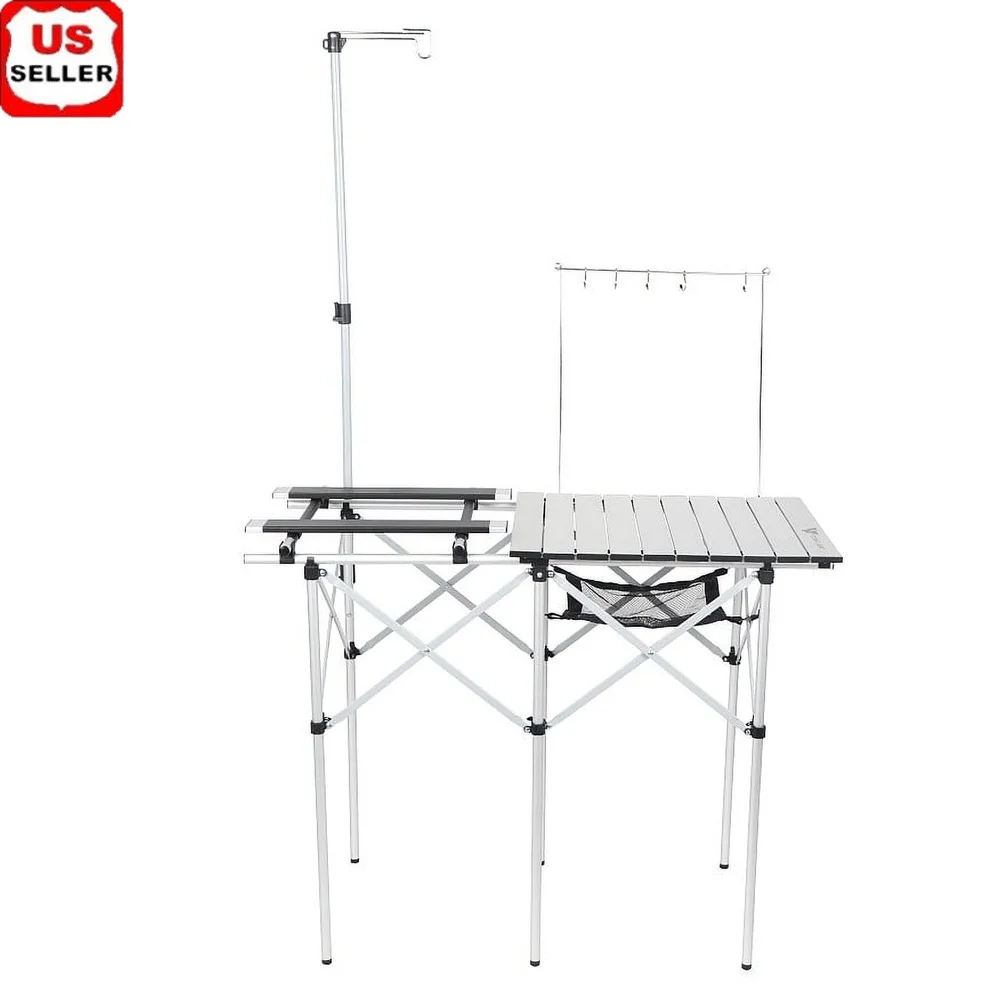 

Folding Camp Kitchen Table with Adjustable Stove Platform Portable Outdoor Cooking Table with Storage and Lantern Holder Camping