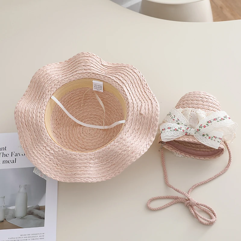 Girls Straw Hat and Purse Set, 2PCS Summer Wide Brim Sun Hat with Shoulder Bag, Cute Lace Bow Toddler Beach Set