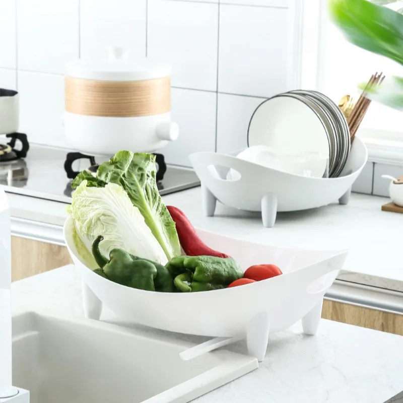 Dish Drying Rack Oval Shaped Drainer Plate Bowl Cutlery Storage Container with Utensil Holder Vegetable Basket Kitchen Container