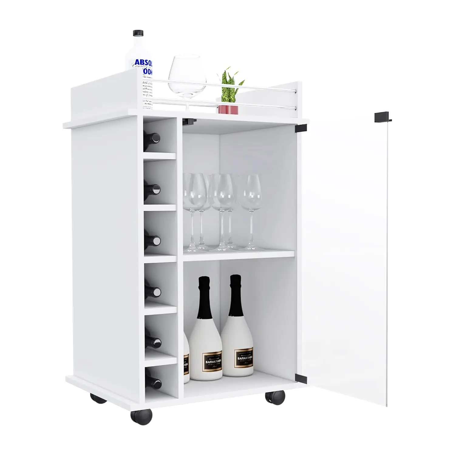 Bar Cart with Glass Door, 6 Wine Slots & Serving Shelf with Rail, Rolling Bar Cabinet, 21.6 x 16.3 x 35 in, White, Customized