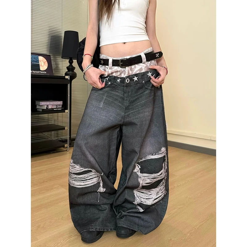 2026 American High Street Vintage Washed Ripped Print Double Waist Design High Waist Loose Wide Leg Denim Jeans Women