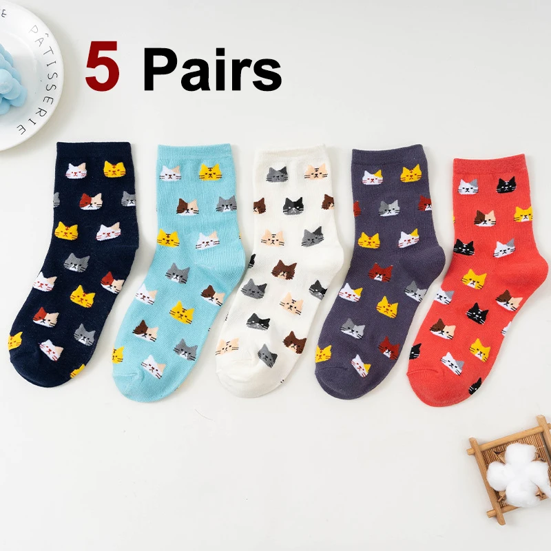 5 Pairs Women Cat Print Mid Tube Socks Fashionable Multi-Color Cartoon Patterns That Soft Comfortable Breathable Casual Socks