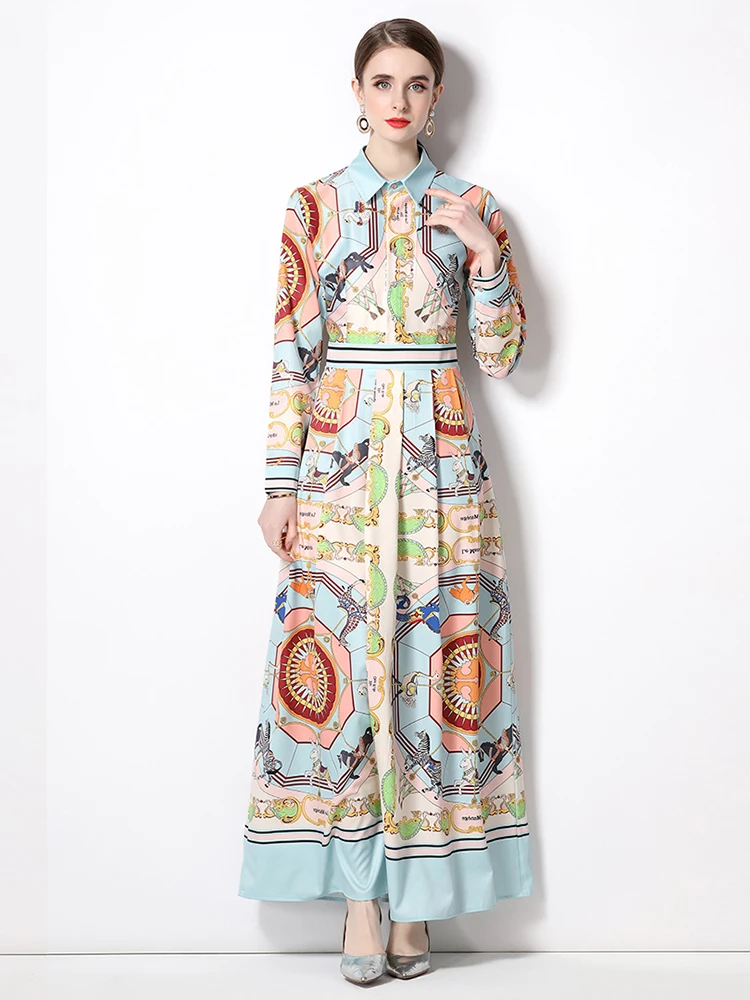 

Spring Autumn Runway Women's Lapel Collar Long Long Sleeve Colorblock Vintage Print Single Breasted Pleated Maxi Dress N596