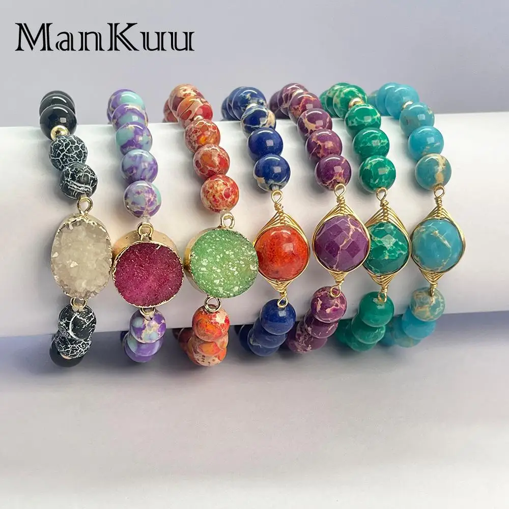 Mankuu New In Fashion 8mm Imperial Jasper Loose Gemstone Beaded Charm Bracelet With Natural Healing Crystal Druzy For Women 2022
