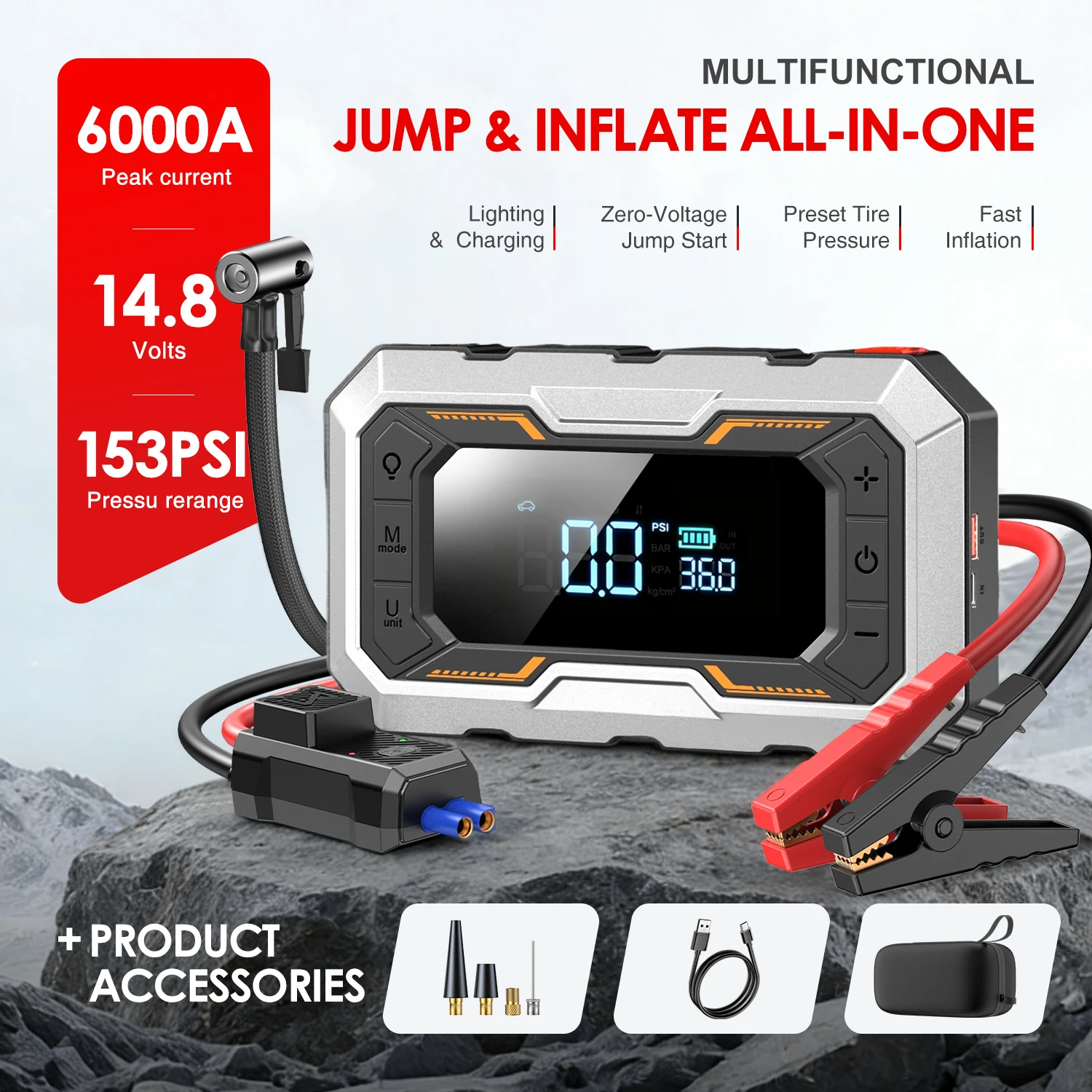 2026 Newest Portable Car Jump Starter 6000A, 153PSI Tire Inflator for 12L Petrol & Diesel Engines, With EVA Storage Case