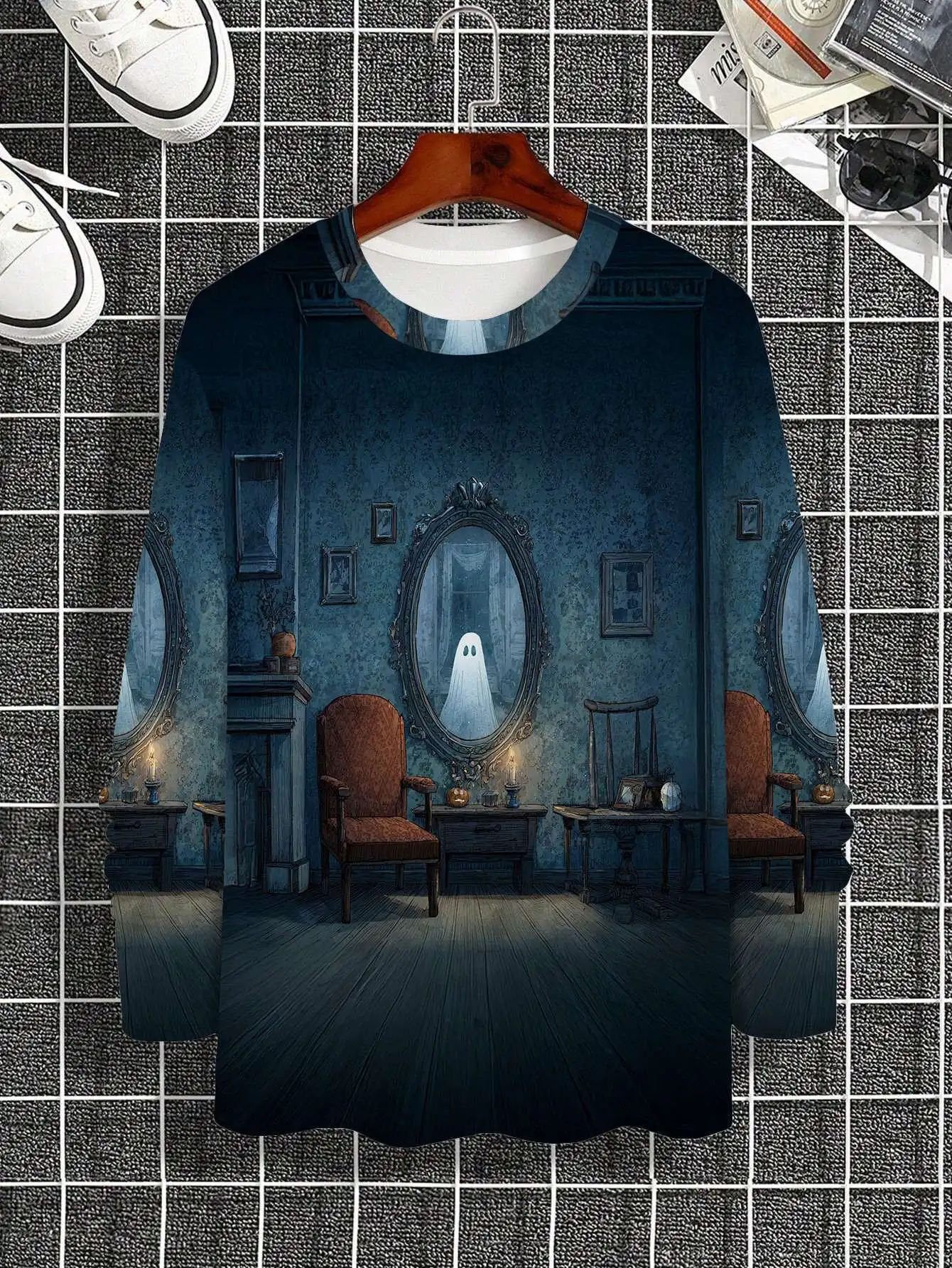 

​ ​ Мужская футболка Phantom Mansion в готическом викторианском стиле с 3D принтом «Будинок с привидениями», темно-синяя, черная, можно стирать в машине ​