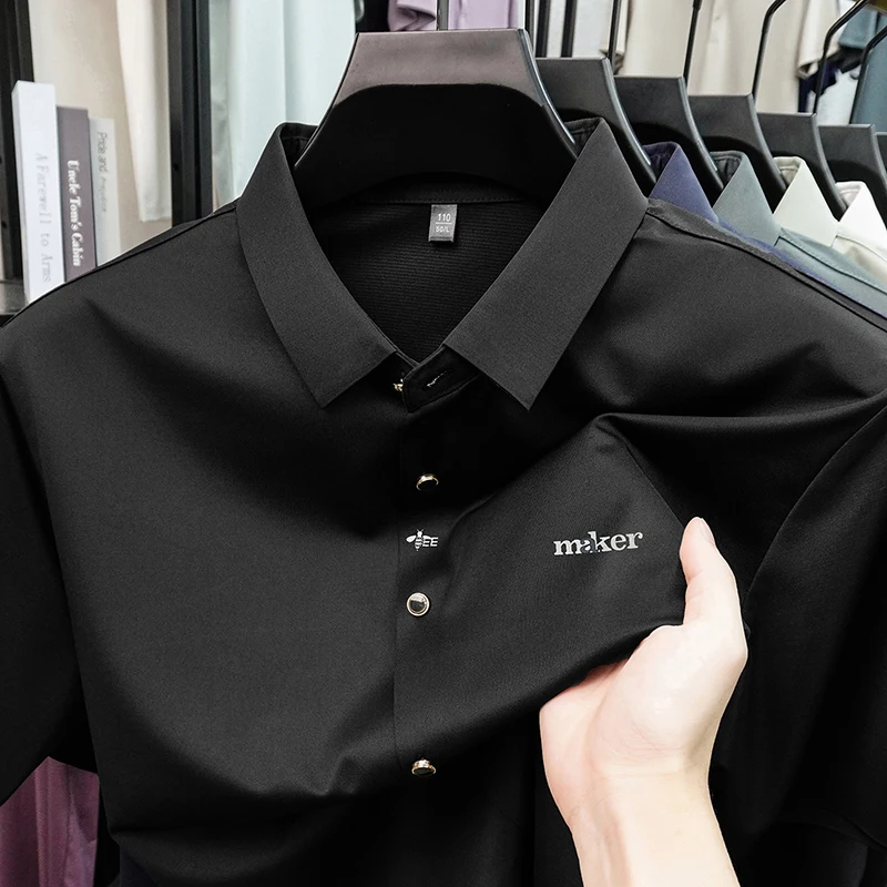 High end brand letter embossed short sleeve shirt fashion new men business casual ice silk summer comfort breathable luxury top