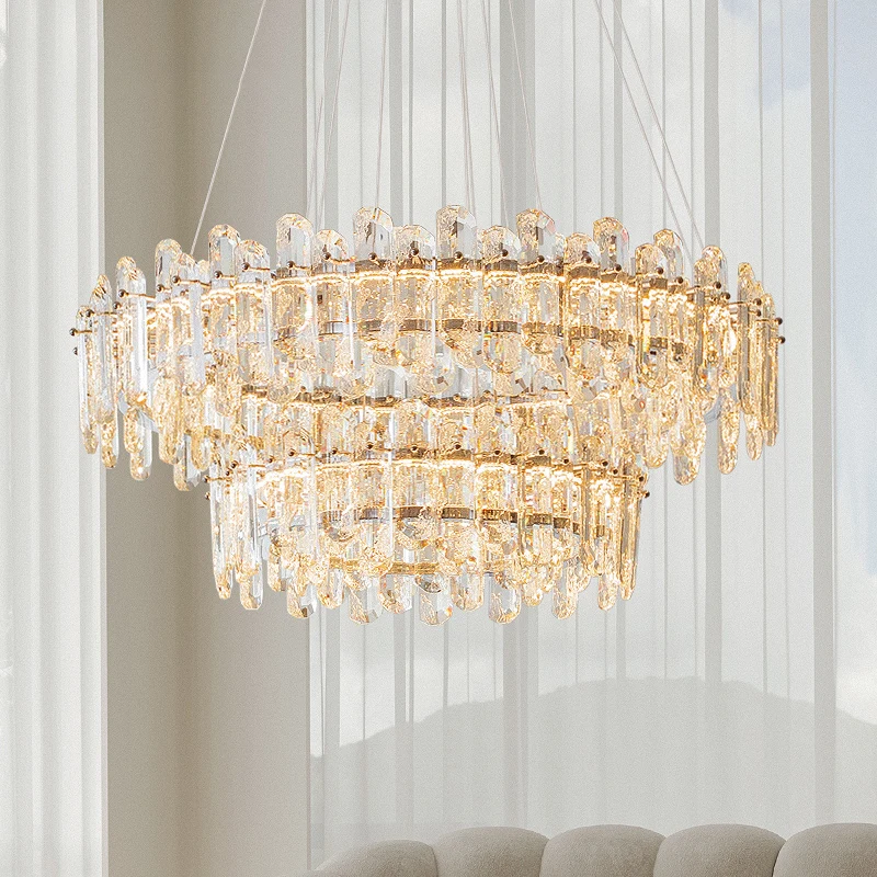 

Luxury Round Crystal Pendant Light for Living Room French Modern LED Transparent Crystal Pendant Chandelier Dining Room Bedroom