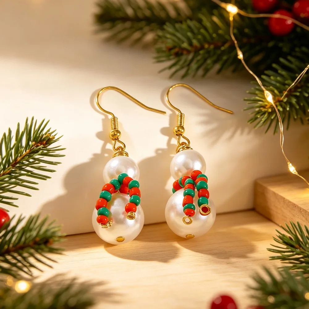 Christmas Snowman Dangle Earrings Red Green Seed Bead Scarf Design Imitation Pearl Hook Earrings for Women Holiday Party Jewelry