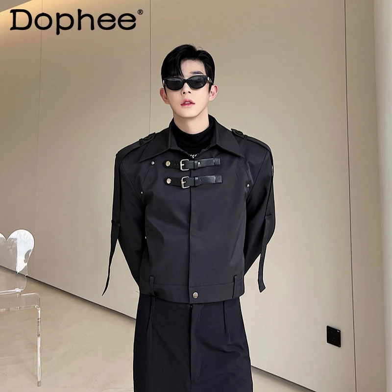 

2025 Men's Tooling Jackets Men's Niche Faux Leather Buckle Decorative Design Tops Male Fashion Handsome Trendy Short Style Coats