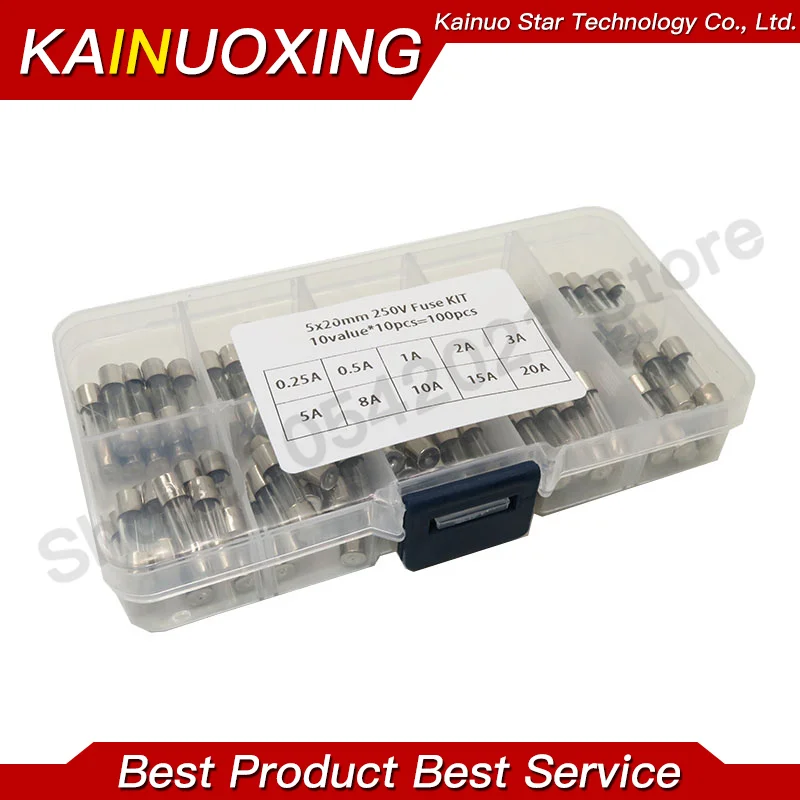 100Pcs 5*20 5x20 mm Auto Glass Tube Fuse Assorted Kit 0.2A 0.5A 1A 2A 3A 5A 6A 8A 10A 15A