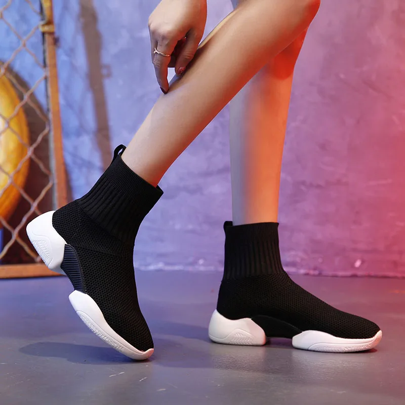 Women Sneakers Stretch Knitted Fabric Sock Boots Walking Jogging Fitness Shoes High-top Breathable Mesh Cloth Platform Trainers