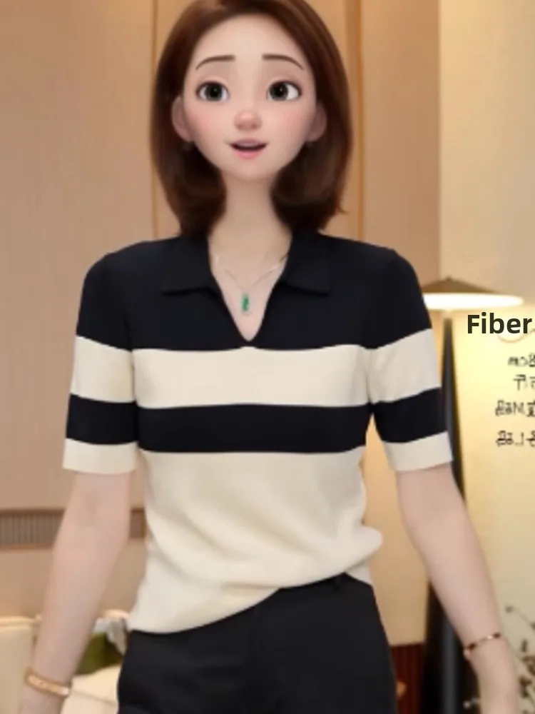 

Вязаная футболка из ледяного шелка, повседневная удобная ort Sve, цветной полосатый воротник, летний универсальный базовый слой, топ