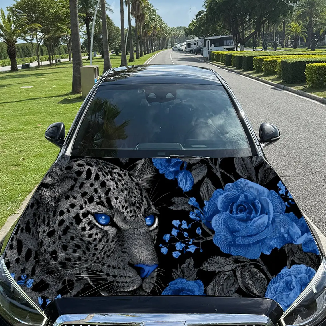 Car Decal Blue-Eyed Leopard in Vibrant Blue Floral Artistic Background & Wild-Enchanting Visual Details Car Hood Sticker, Waterp