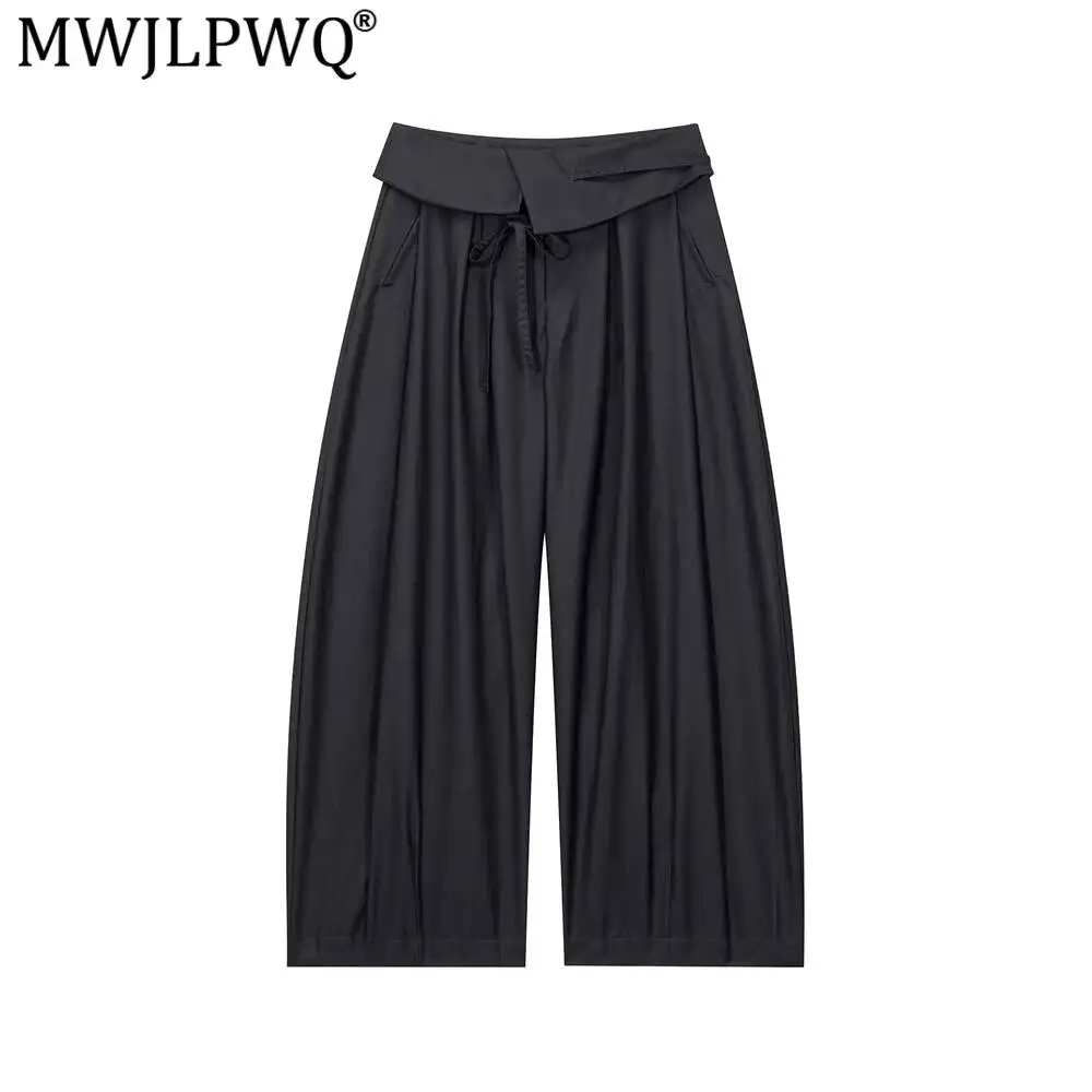 MWJLPWQ Solid Color Wide-Leg Trousers Men High Street Fashion Drawstring Stylish Design Cuffed Waist Loose Casual Pants 20043