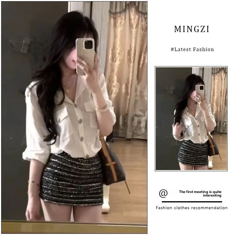 Women's High Waist  Skirt Set Long Sleeve Slim Fit Shirt Style Autumn Fashion Korean Quality Breathable Polyester Fiber