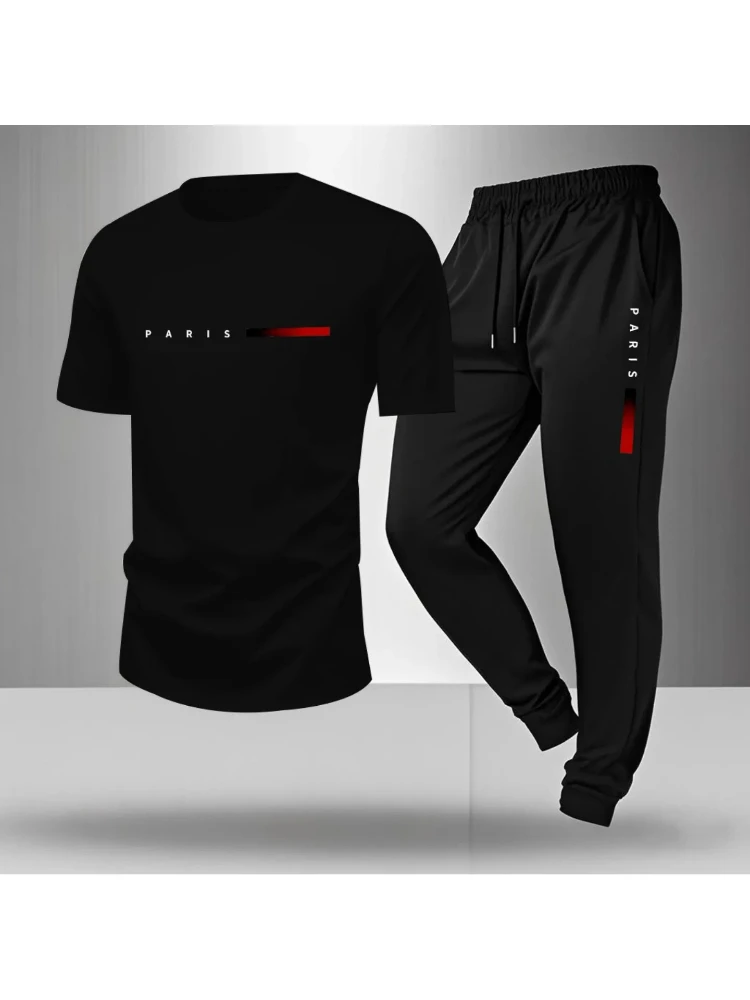 

Spring/Summer Paris Letter Printed Round Neck Casual Comfortable Breathable T-shirt with Drawstring Outdoor Sports Pants Set