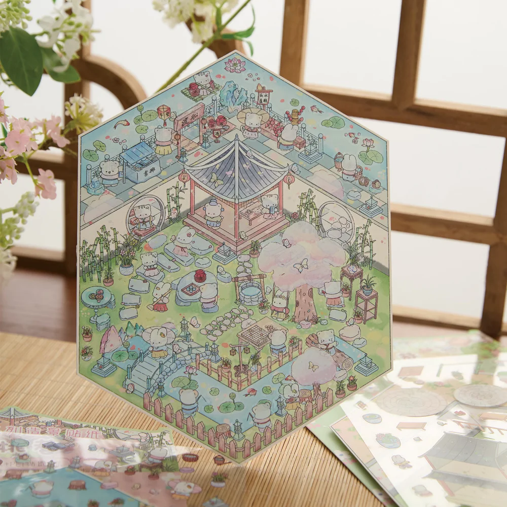 Card Lover 3 Pcs [Antique Series] Ancient Style 3D Stacked Cabin Tent Landscape Sticker Puzzle PET Material Scrapbook Kit