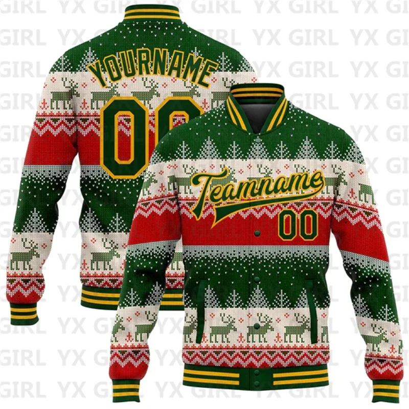 Custom Green Gold Christmas Reindeers 3D Bomber Full-Snap Varsity Letterman Jacket 3D Baseball Button Jacket