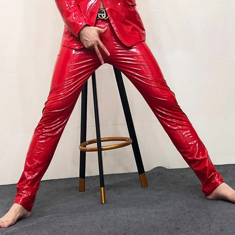 

Men's Stretch PU Faux Latex Trousers Glossy Patent Leather Pants Male Punk Rock PVC Motorcycle Pants Party Clubwear Custom New