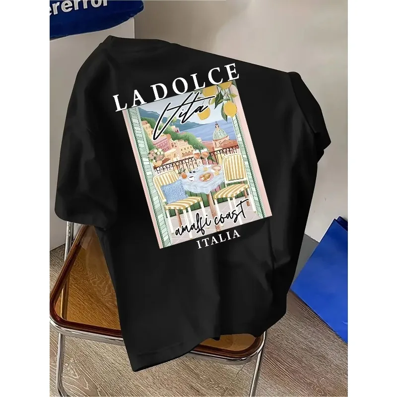 La Dolce Vita Amalfi Coast Italia Graphic T-Shirt Women Summer Casual Short Sleeve White Tee Italian Vacation Style Top
