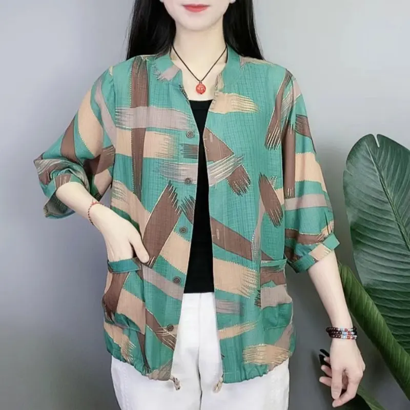 Casual Single-breasted Round Neck Shirt Fashion Hand-Painted Printed Women\'s Clothing Spring Summer Loose Pockets Spliced Blouse