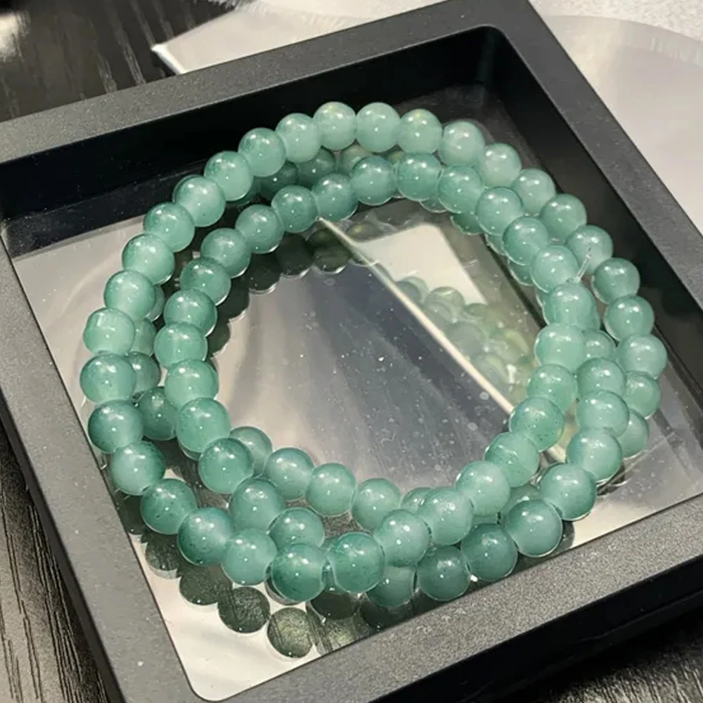 

Women Men Hand Chain 3 Strand 6 MM Natural Green Stone Beads White Girl Round Bead For Making DIY Bracelet Necklace Accessories