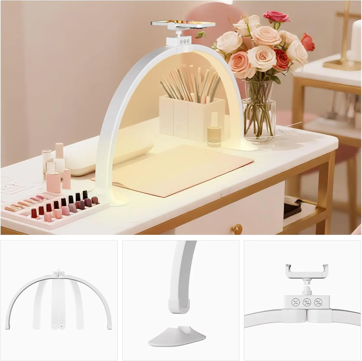 โคมไฟเล็บรูปตัวยู Half Moon Light สำหรับตกแต่งเล็บที่บ้าน โคมไฟเสริมความงามสำหรับร้านเสริมสวย โคมไฟตั้งโต๊ะสำหรับดูแลเล็บแบบเรียบง่าย โคมไฟ LED 36W 24 นิ้ว