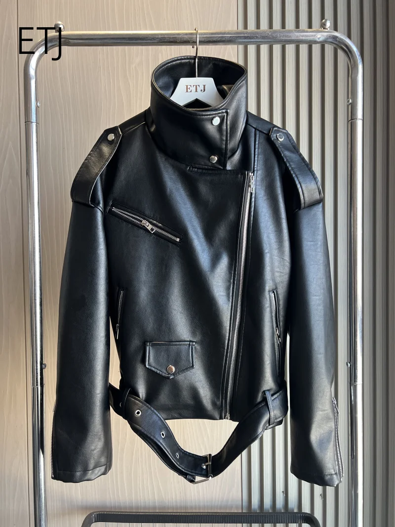 ETJ 2026 Women's Faux Leather Moto Jacket Belted Asymmetric Zip Oversized Biker Coat PU Shoulder Strap Cropped Outerwear