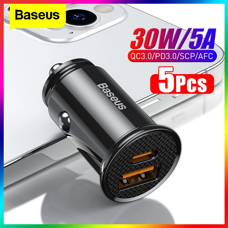 Baseus 5pcs USB Car Charger Quick Charge QC4.0 QC3.0 PD3.0 SCP PPS 5A Type C 30W Fast USB Charger For iPhone Xiaomi Mobile Phone