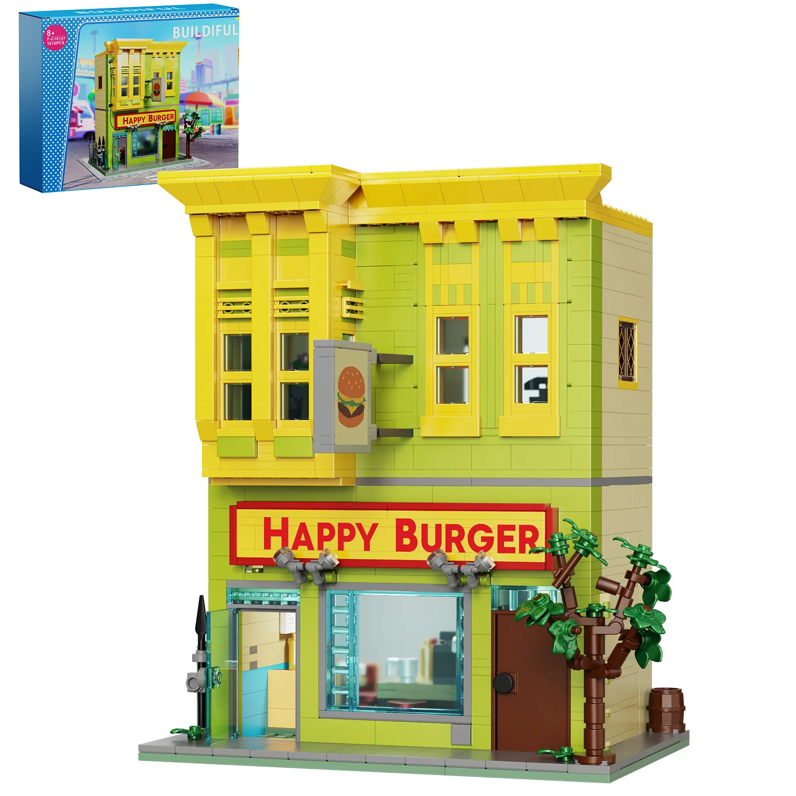 Moc animação vista de rua taverna restaurantes bloco de construção kit bob hambúrguer casa modelo diy crianças puzzle brinquedo presente aniversário 1018 pçs