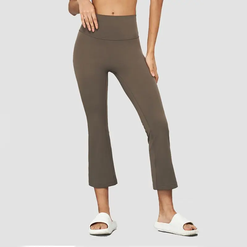 New High Elasticity Casual Sports Micro Flare Pants Women Summer Running Seven Lengths High Waist Peach Butt Tummy Control