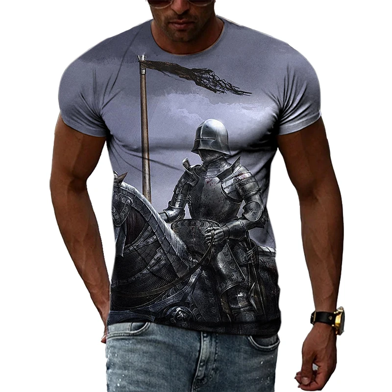 New Men's Handsome Knight 3D Printed T-Shirts Personalized Fashion Warrior O-Neck Top Street Trend Cool Short Sleeved Clothing