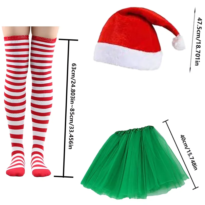 PESENAR Christmas Costume Set Santa Hat Tutu Skirt Striped Tights Glitter Frame Christmas Glasses for Women