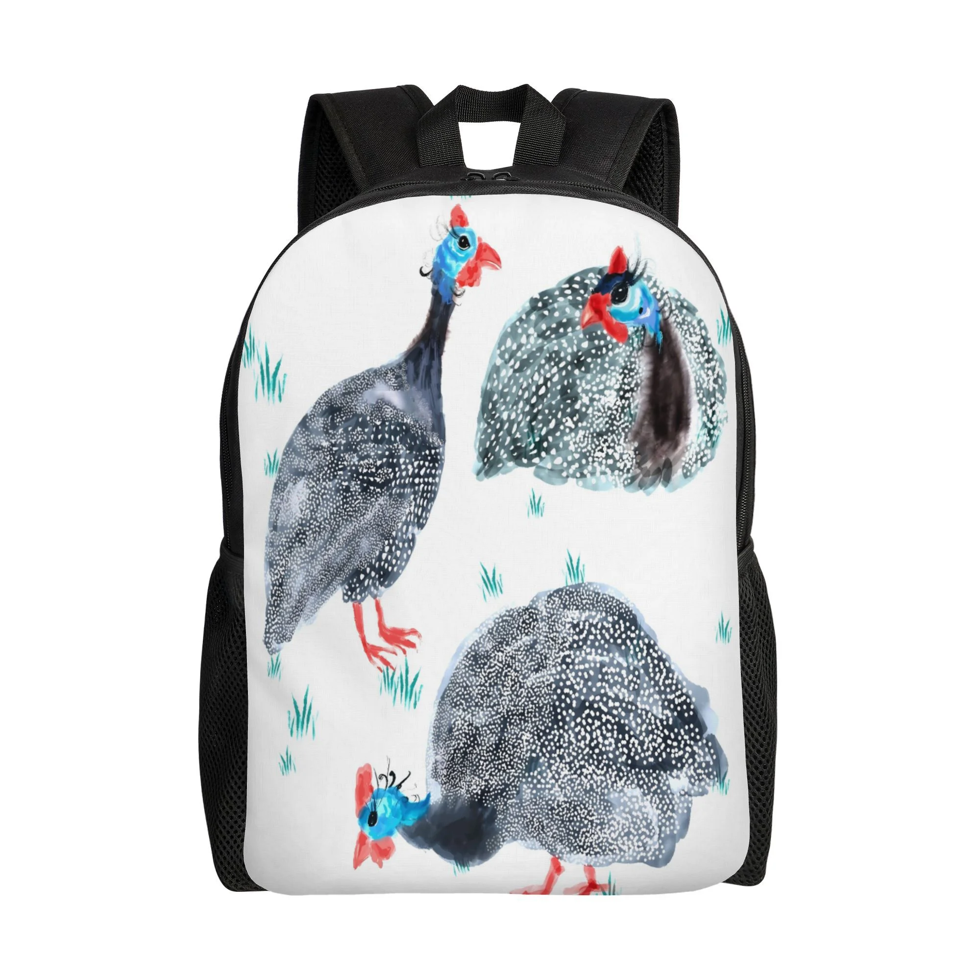 

A minimalist backpack with a single compartment design and a guinea pig bird print. Its sleek and flexible design makes