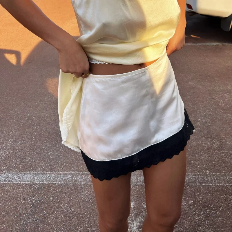女性ミニスカートエレガントなローウエストレーストリムサマースカートクラブウェアデイリーパーティー用