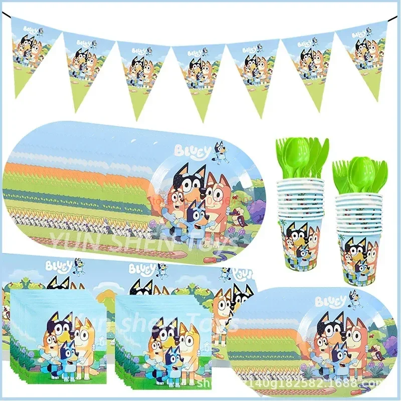 

New Bluey Birthday Party Supplies Disposable Tableware Paper Plates Cups Tissues Kids Birthday Party Decoration Toys Kids Gifts