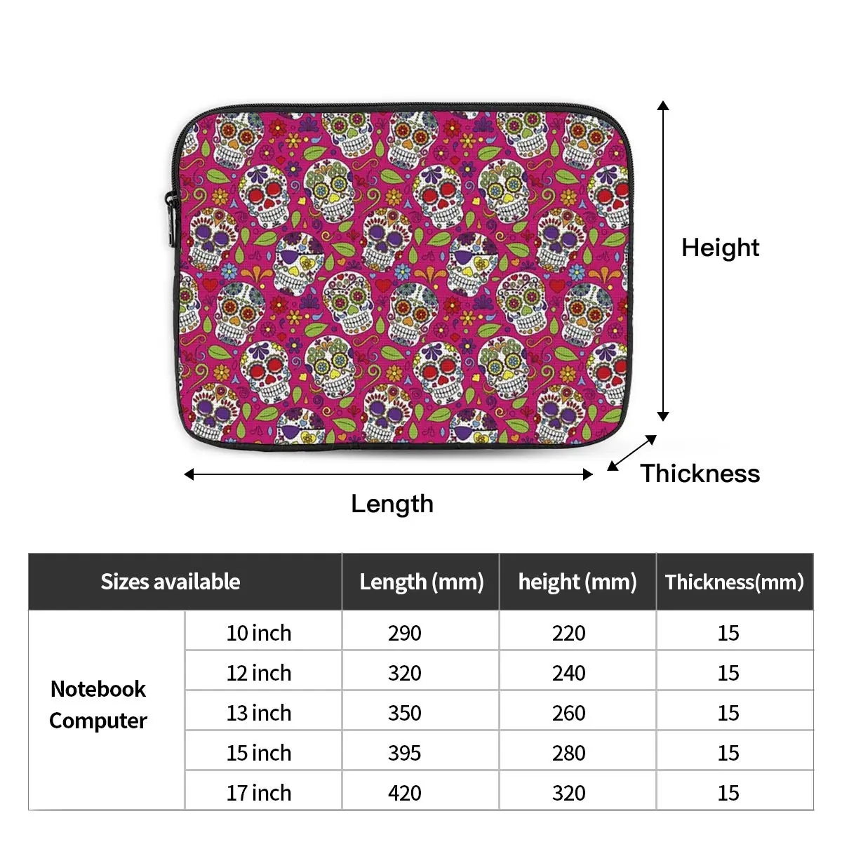 Sugar Skull Mexican Flower Halloween Day Of The Dead  Case Pouch Notebook Sleeve Cover Bag Tablet Shockproof Case Bag