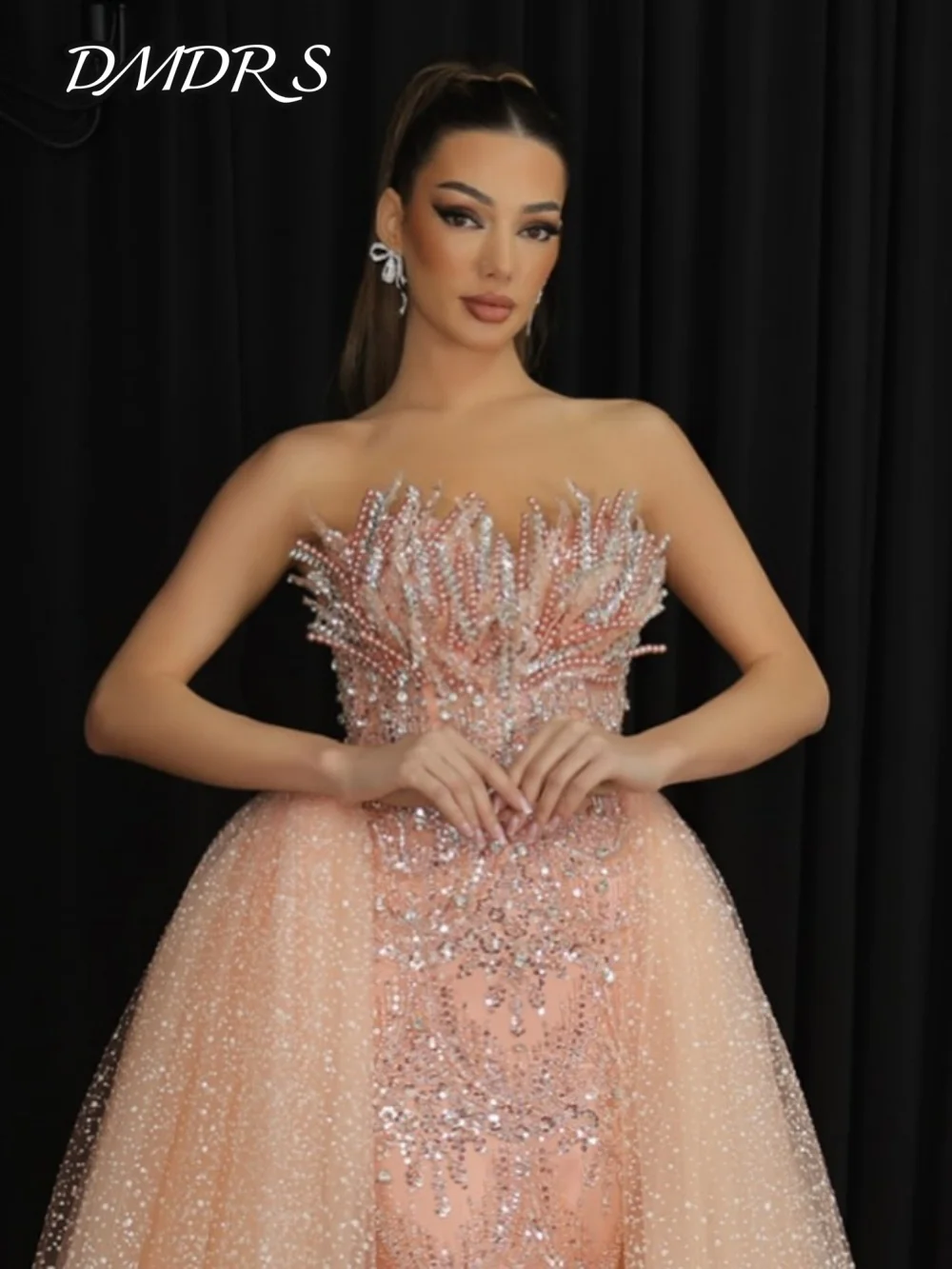 Romantic Strapless Evening Dress Charming Crystal Party Gown Classic Detachable Skirt Floor Length Party Dresses فساتين سهرة